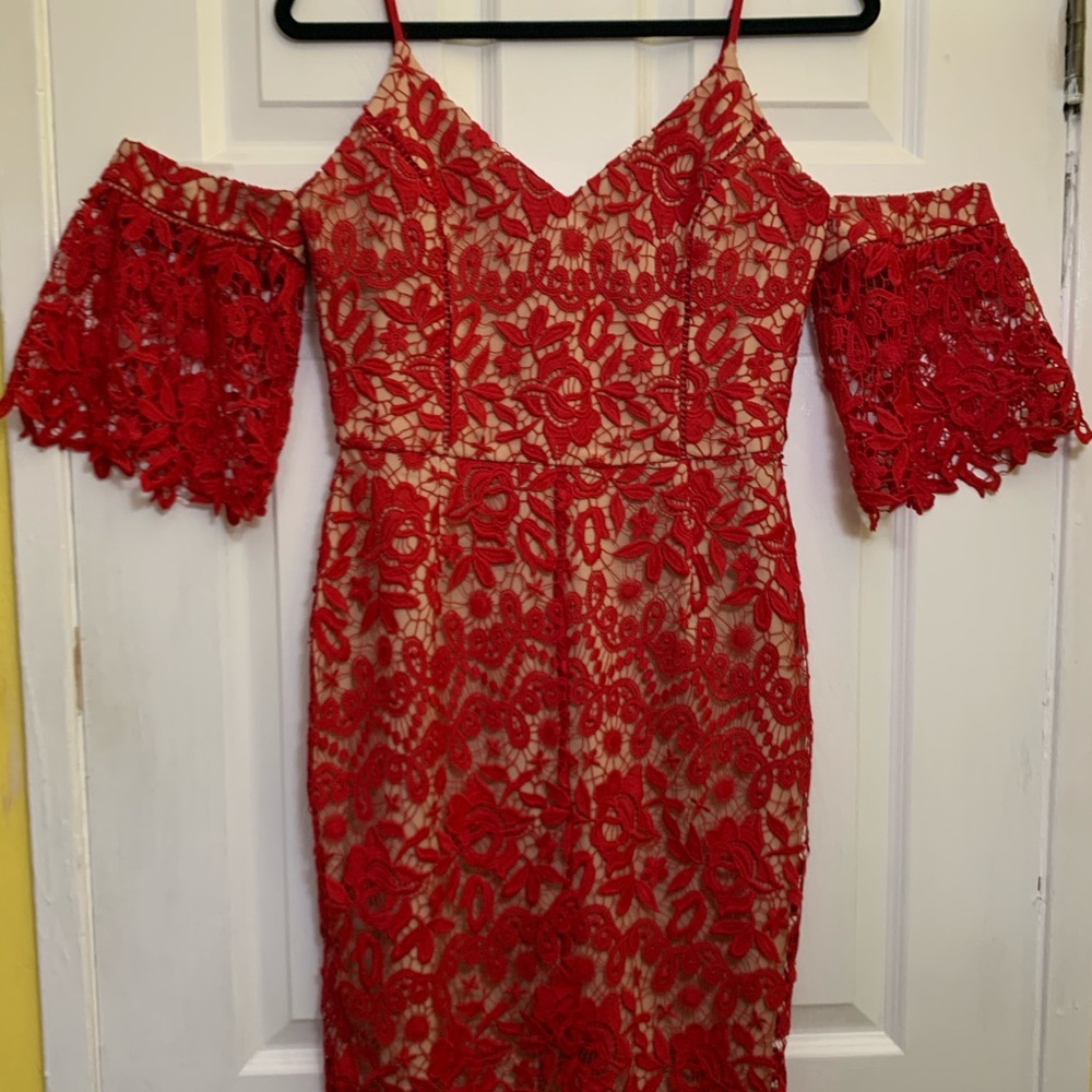 Used Adelyn Rae Red off the Shoulder Lace Dress
